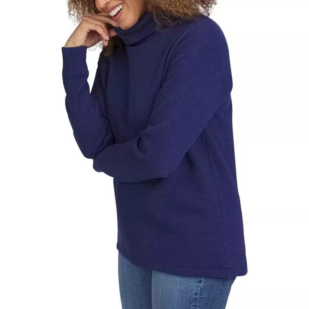 Lands' End Womens Sm Waffle Knit Sweater Long Sleeve Shirt Funnel Neck Top Blue